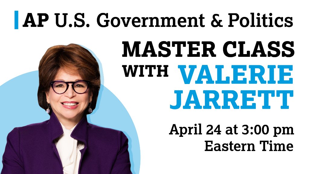 APforStudents's tweet image. . @ValerieJarrett is teaching an #APMasterClass on civic action tomorrow! She&apos;ll join the AP U.S. Government and Politics livestream to share the expertise she gained as a Senior Adviser to President Barack Obama.

Set a reminder to watch: youtu.be/bA7P9g22sKA. #APGov