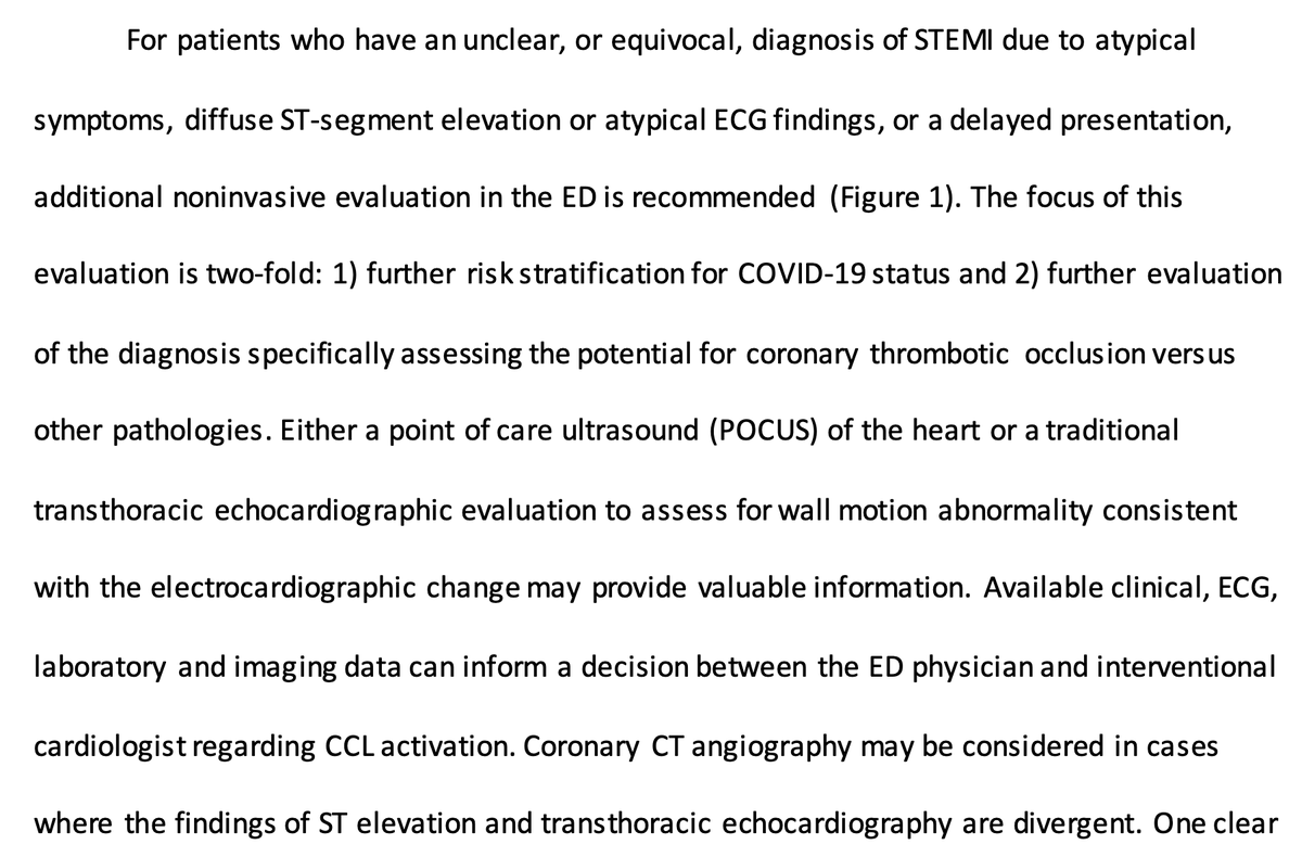 ToddVillinesMD's tweet photo. SCAI/ACC/ACEP document on STEMI care during COVID pandemic:  https://t.co/MIs6cWLK1x

Thoughtful role for POCUS &amp; #yesCCT in pts w/ "unclear or equivocal diagnosis of STEMI due to atypical symptoms, diffuse ST-segment elevation or atypical ECG findings, or a delayed presentation" https://t.co/4OMYAoBSON