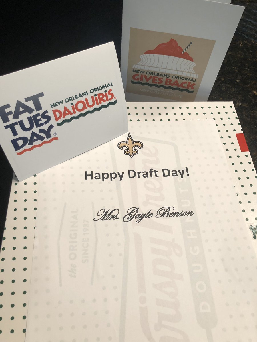 Thanks to <a href="/Saints/">New Orleans Saints</a> and <a href="/PelicansNBA/">New Orleans Pelicans</a> owner Gayle Benson for dropping off some <a href="/krispykreme/">Krispy Kreme</a> donuts. Also thanks for the gift card to <a href="/NOODaiquiris/">New Orleans Original Daiquiris</a> which should make draft weekend even more interesting. Donuts and daiquiris,  that’s how nola does it