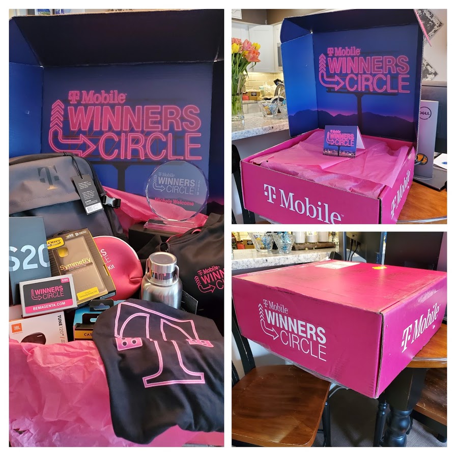 Unfortunately due to COVID-19 award trip cancelled.  But..... a box full of prizes and a beautiful award arrived at my door today.  So grateful, appreciative and PROUD of the company I work for!!  #BeMagenta #tmobile #WC #winnerscircle @VSBking <a href="/NevilleRay/">Neville Ray</a>
