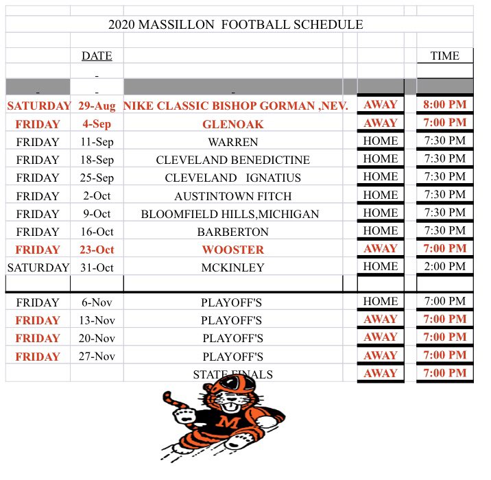 JonBozeka's tweet photo. The Massillon Tigers 2020 football schedule. Here it is. #WHBCSports https://t.co/9VhhCBDPZW