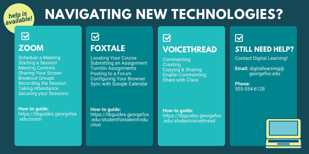 Help with Zoom: libguides.georgefox.edu/zoom 
Help with FoxTALE: libguides.georgefox.edu/studentfoxtale… 
Help with VoiceThread: libguides.georgefox.edu/studentvoiceth… 
Need More Help? Email digitallearning@georgefox.edu.