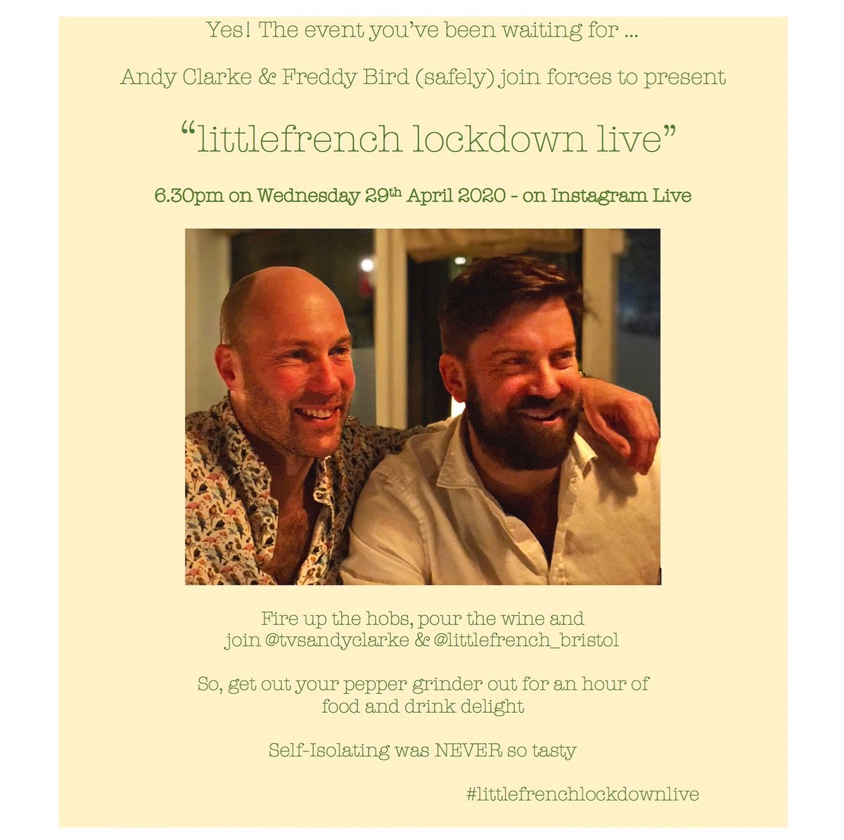TVsAndyClarke's tweet photo. Who said lockdown can’t be fun?!..
Yes! @freddy_bird & I are taking over the Internet with our unique brand of food and drink fun. 😜
Come join us next Wednesday at 6.30pm on #instagramlive 🍽 It’s going to be bloody tasty and gurt lush!
#cooking #wine #foodandwinematching https://t.co/okhcQcIpnb