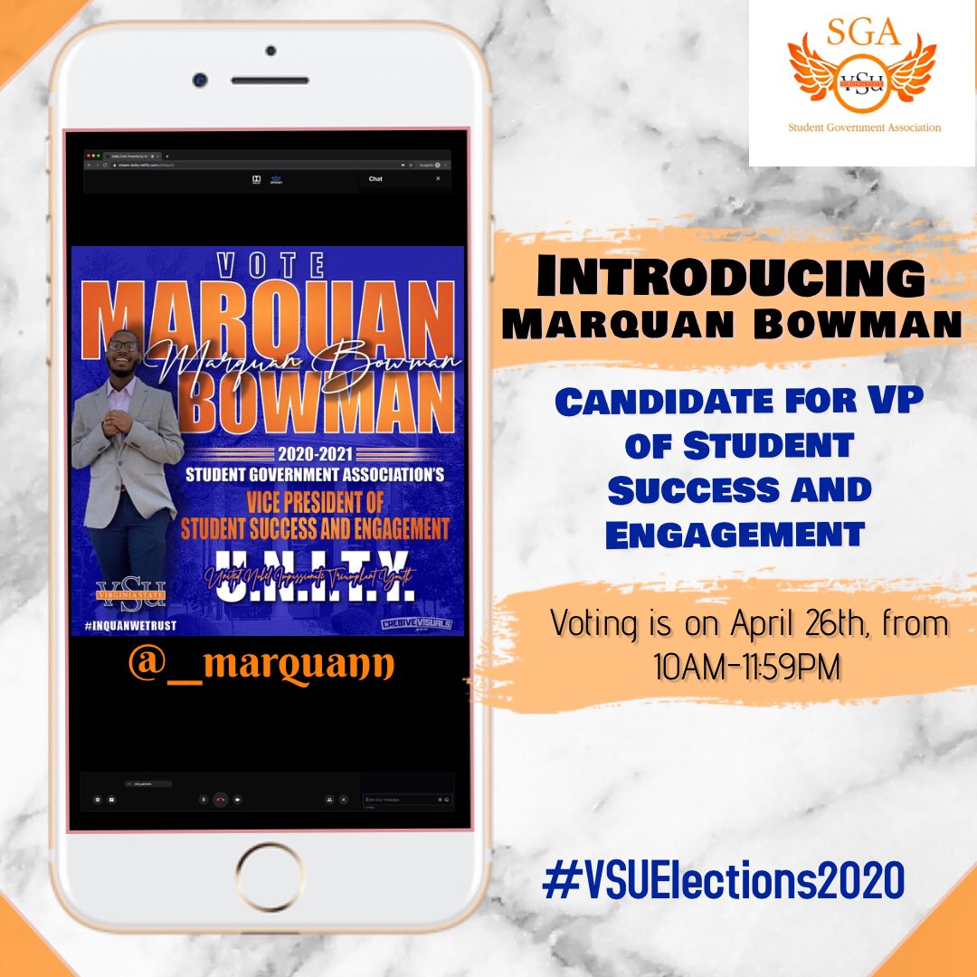 vsu_sga's tweet image. Greetings Trojans, my name is Marquan Bowman. I am a rising senior majoring in Computer Science from Philadelphia, PA. I am running to be your next Vice President of Student Success and Engagement, so vote for me Marquan Bowman. @_marquann #InQuanWeTrust #vsuelections2020