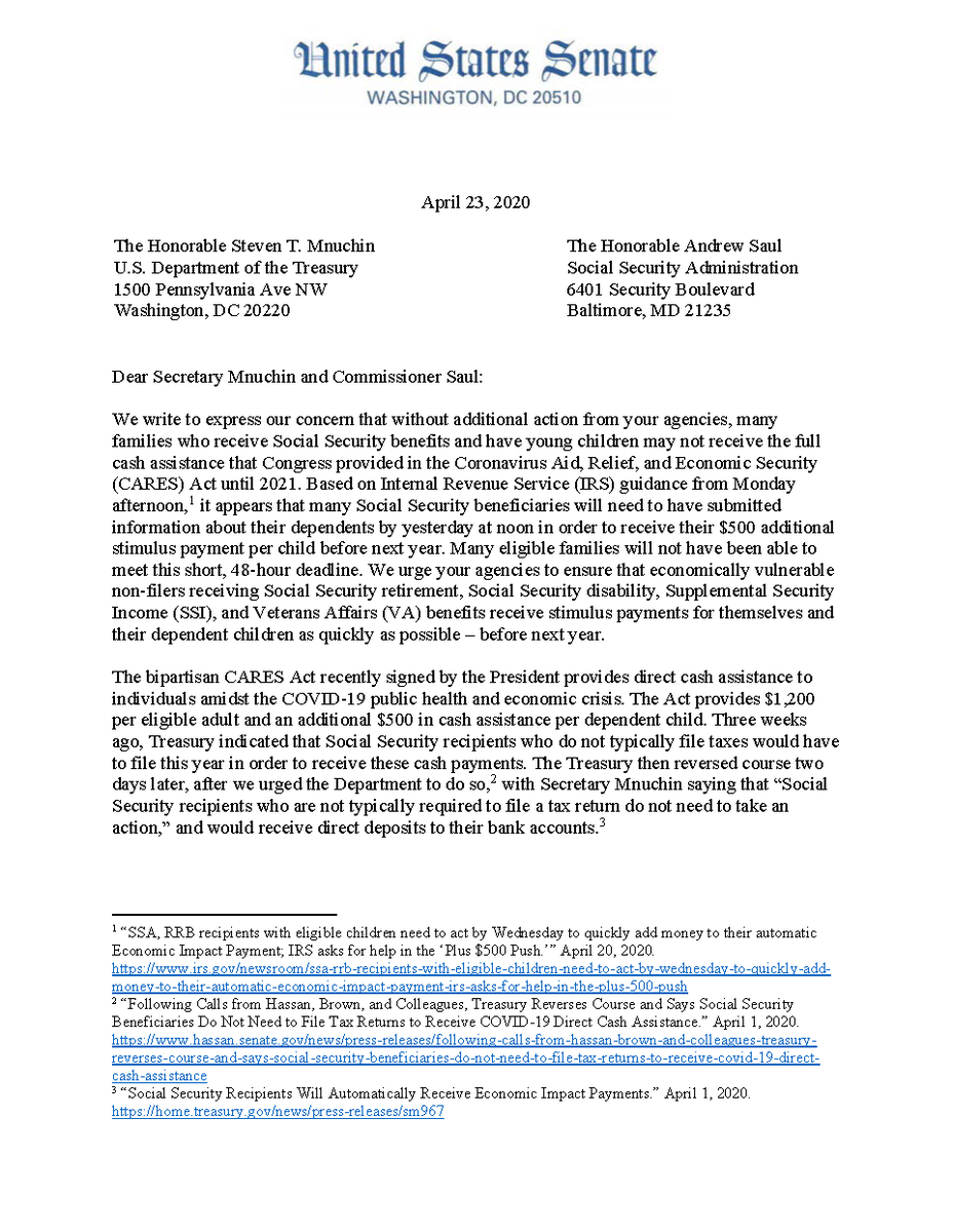 SenFeinstein's tweet photo. We’re calling on the Treasury Department to ensure that eligible families receive the direct payments they’ve been promised. Non tax-filing families shouldn’t have to wait a year to receive their payments. Secretary Mnuchin can fix this. https://t.co/7M4czGfp6C