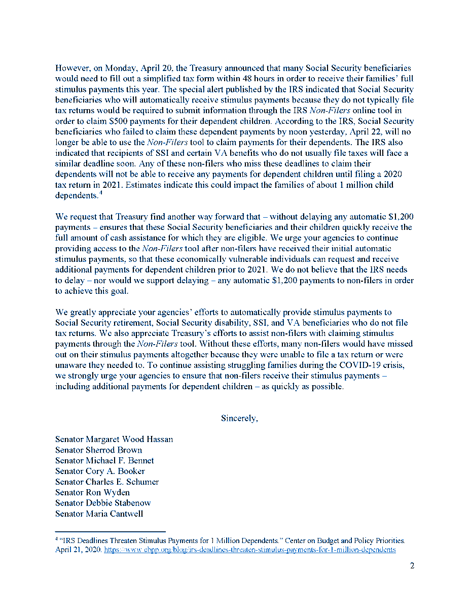 SenFeinstein's tweet photo. We’re calling on the Treasury Department to ensure that eligible families receive the direct payments they’ve been promised. Non tax-filing families shouldn’t have to wait a year to receive their payments. Secretary Mnuchin can fix this. https://t.co/7M4czGfp6C