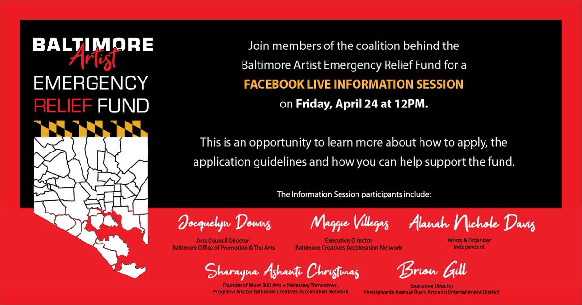 Baltimore Artist Emergency Relief Fund // Information Session 

Friday, April 24 at 12pm. ✨
