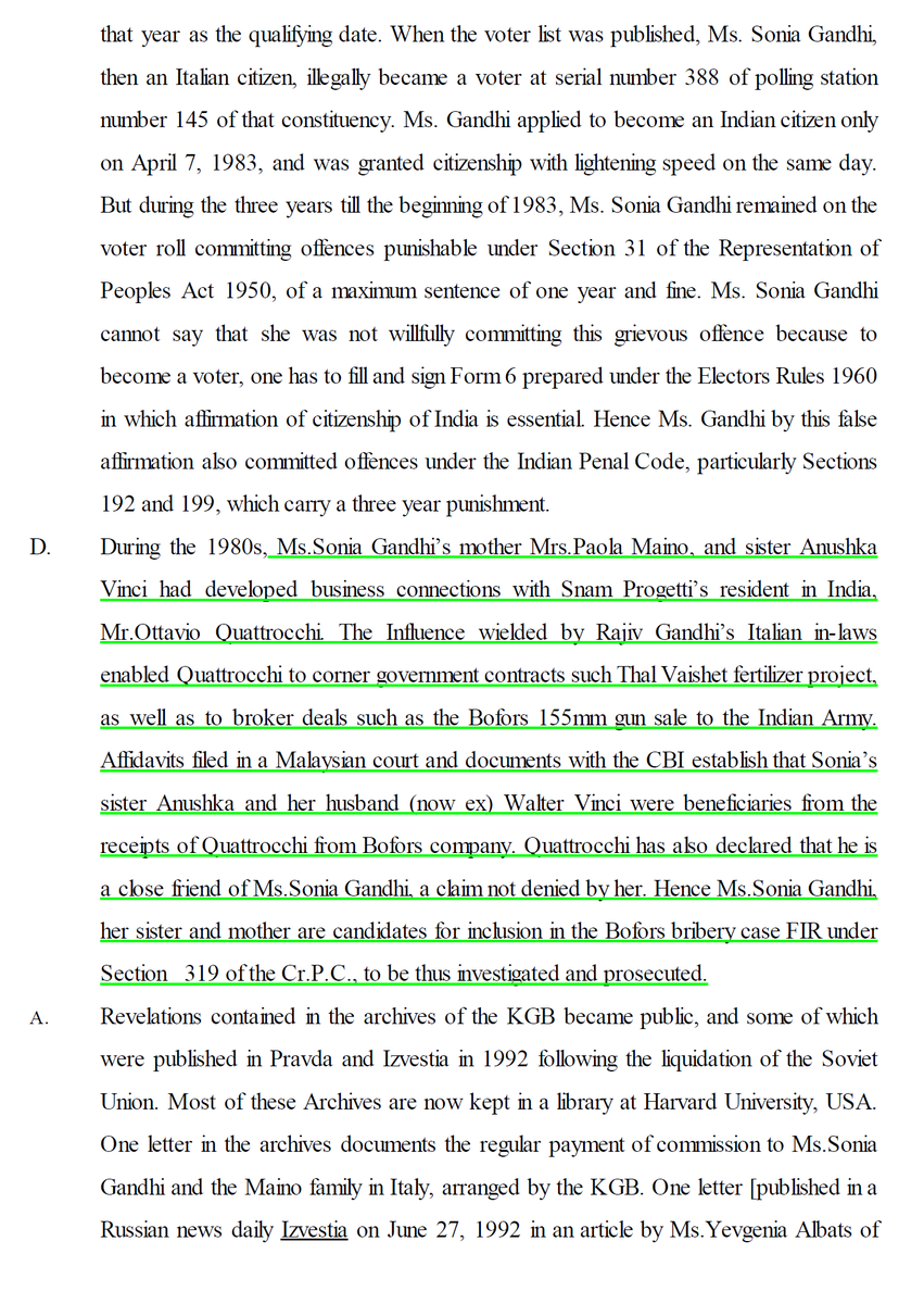 13/n  #AntonioMaino , her sister and mother are candidates for inclusion in the Bofors bribery case FIR under Section 319 of the Cr.P.C., to be thus investigated and prosecuted.Read the snippet of the charge sheet.