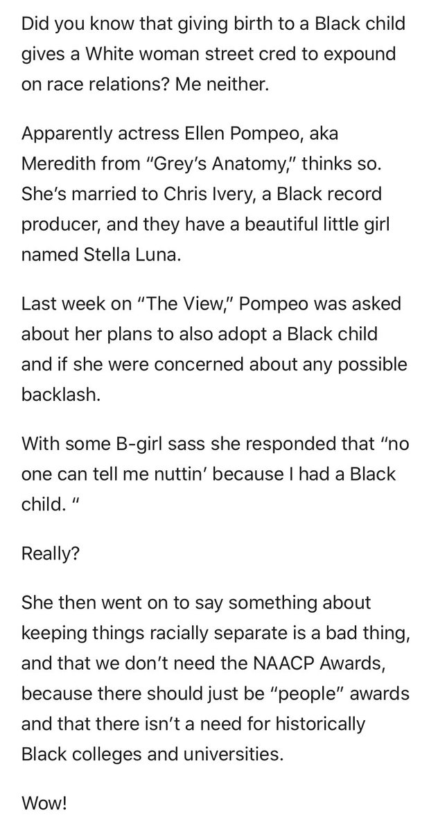 Then we have her comments on NAACP and HBCUs no longer being needed.  https://www.google.com/amp/s/www.essence.com/amp/news/ellen-pompeo-chris-ivery-race-the-view-black-baby-sound-off/