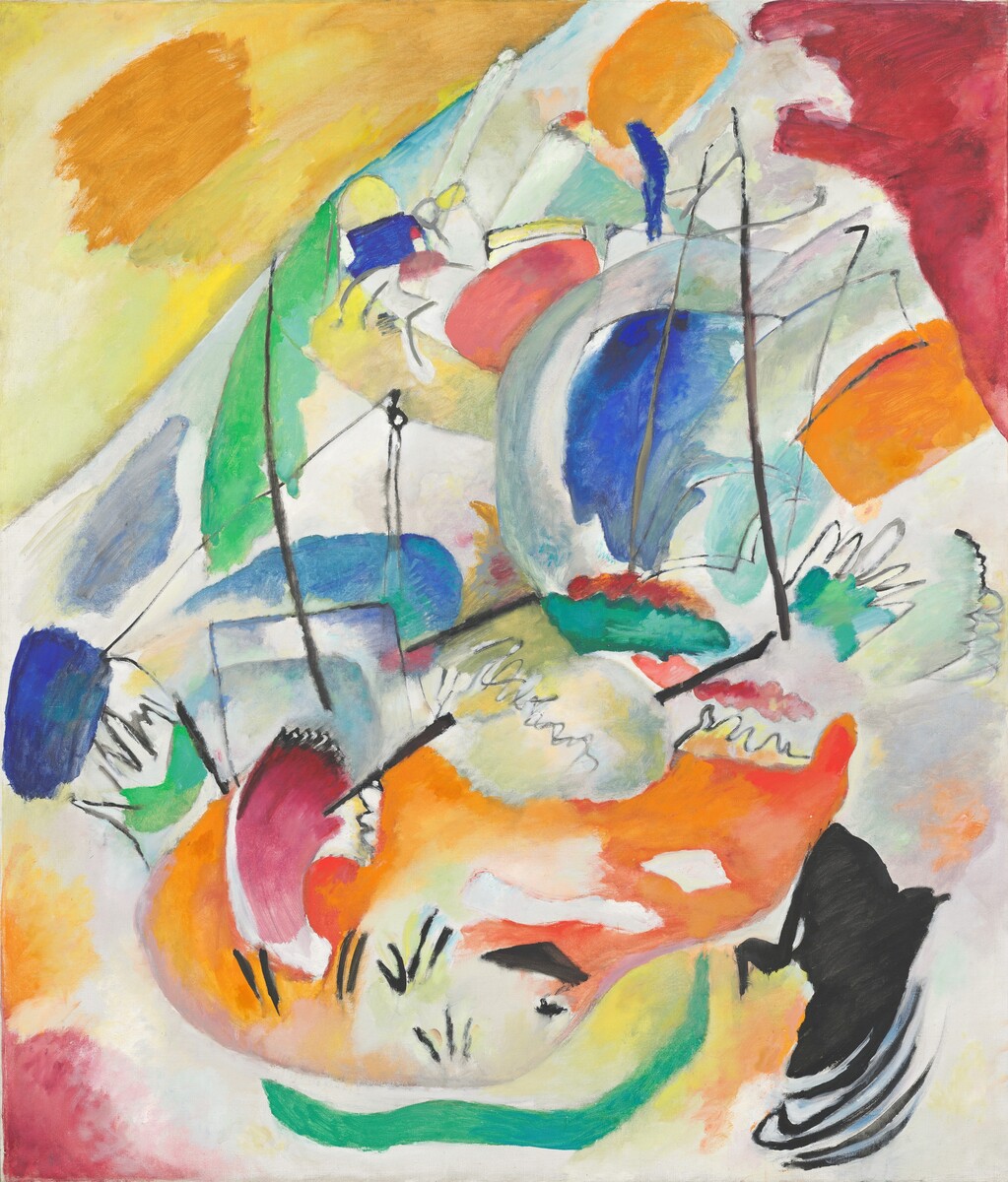 While painted on the eve of the First World War, Kandinsky denied that his paintings referred to any specific war but rather to "a terrible struggle...going on in the spiritual atmosphere."