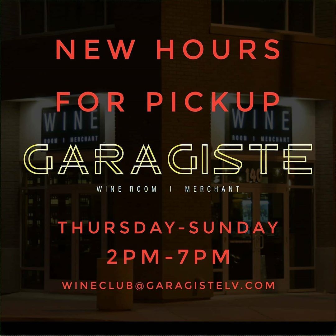 Carpe vinum! It's Thursday, which means Garagiste's curbside pickup is available from 2 - 7 p.m. (Thursday - Sunday). linktr.ee/Garagistelv #StayHomeForNevada