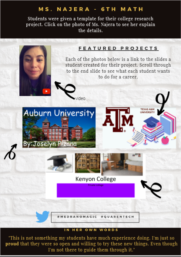 JennaDubs17's tweet photo. Check out issue 2 of "A Medrano Minute" highlighting two teachers and what they have accomplished with at home learning. Keep up the great work #MedranoMagic @dallasschools @PersonalizeDISD @dpvils @BlendedDISD @LearningVerizon https://t.co/bJ47hsYY7m