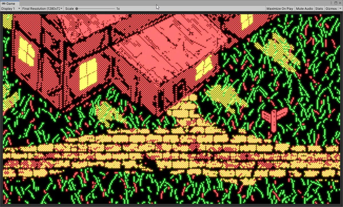 Update:Before and after the current iteration of post processingNext step is adding phosphors, scanlines, and a blur to the pixels to make them feel like they're little glowing dots rather than chunky squares