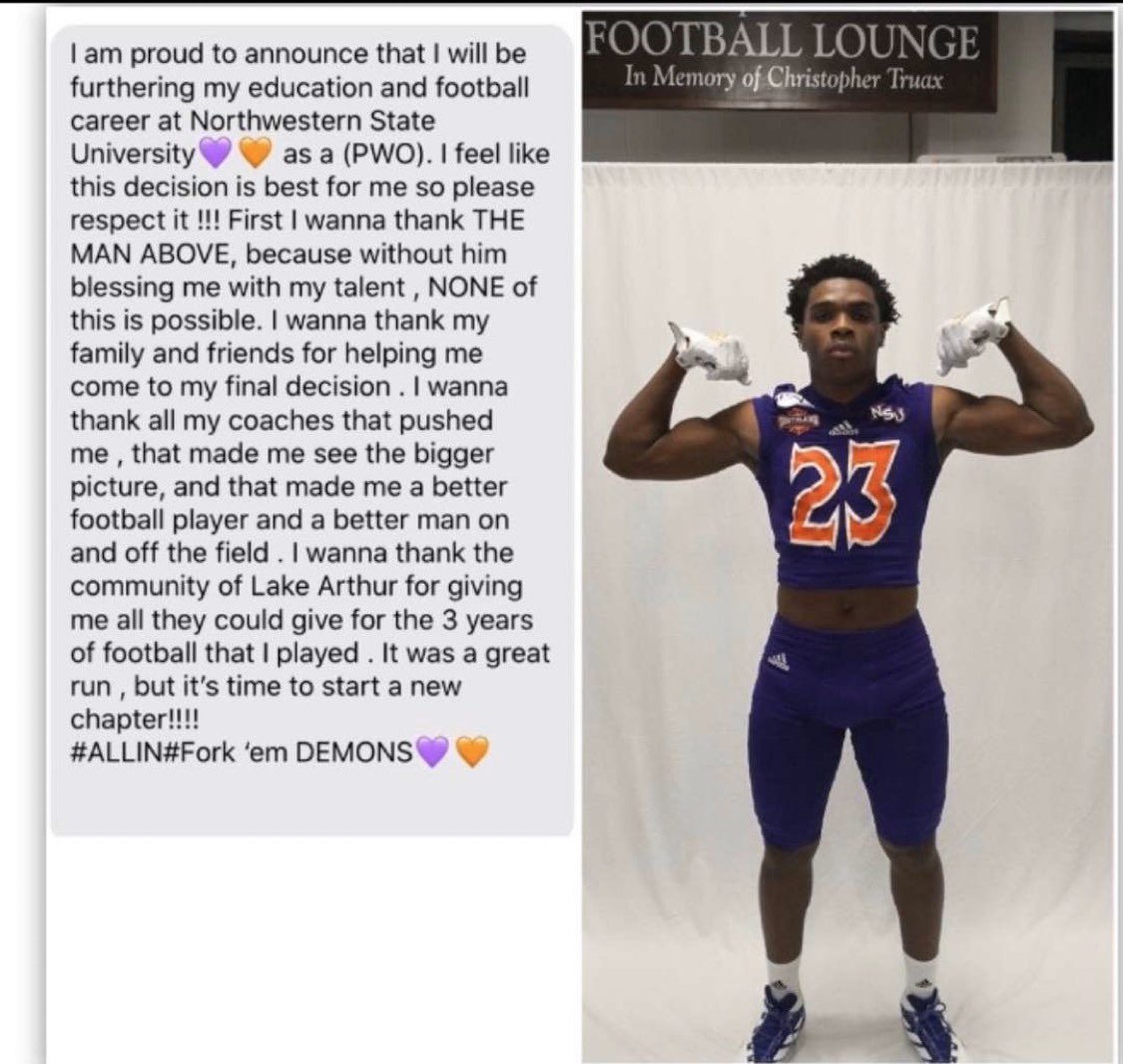 LATigers_'s tweet image. BREAKING ALERT: BIG Congratulations to our vert own Torell Levias on announcing to play as a PWO with Northwestern State University. Thank you for all the memories. Your legacy as a LA Tiger will live forever. We wish you the very best at NSU Jumpman 23. 💜🧡😈 #ForkEmDemons