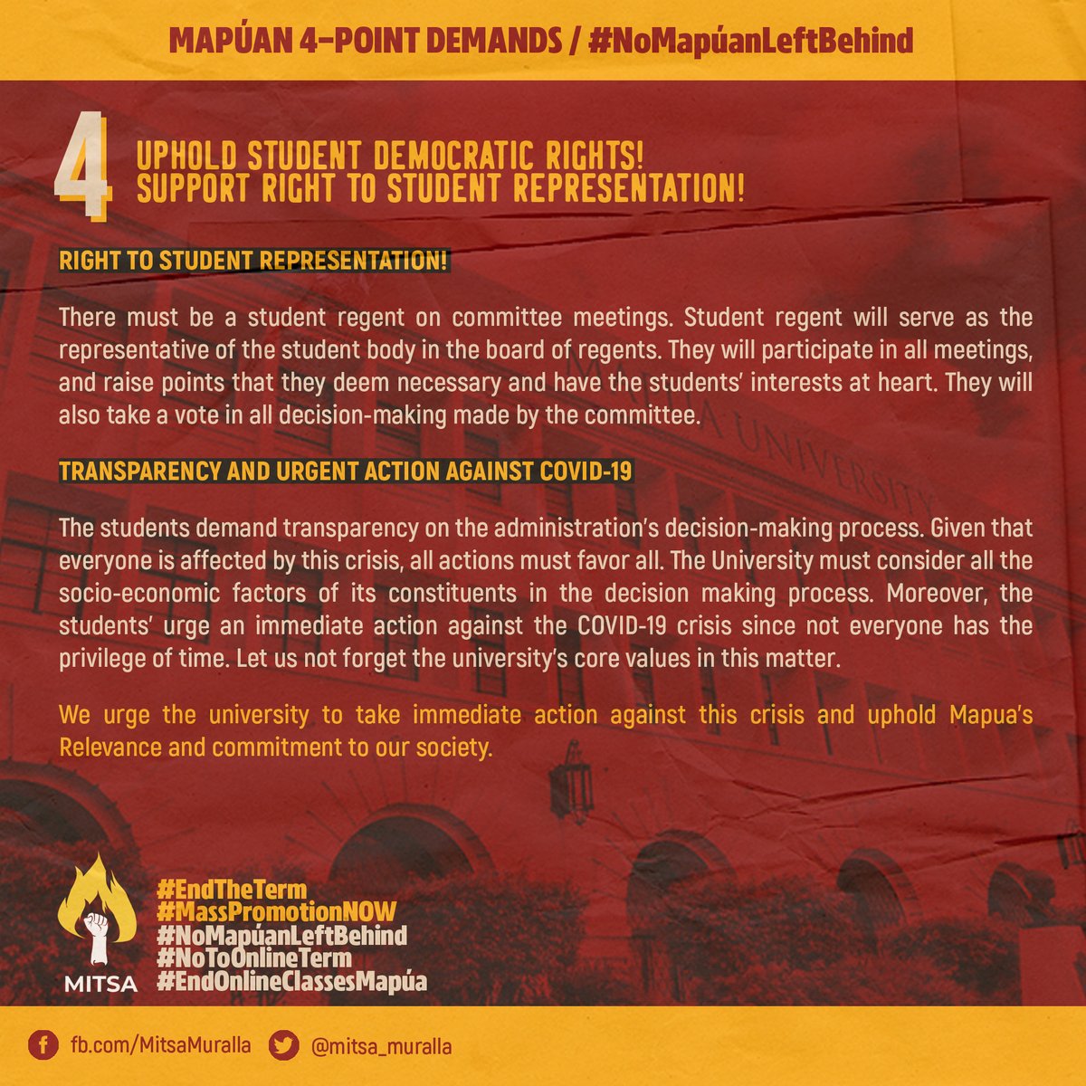 mitsa_muralla's tweet photo. Uphold student democratic rights! Support right to Student Representation!

Read more:
https://t.co/vc2xr4nc1h

SIGN THE PETITION!
https://t.co/1m3KqYZm86

#EndTheTerm
#MassPromotionNOW
#NoMapuanLeftBehind
#NoToOnlineTerm
#EndOnlineClassesMapua https://t.co/SoXMN6TlrP