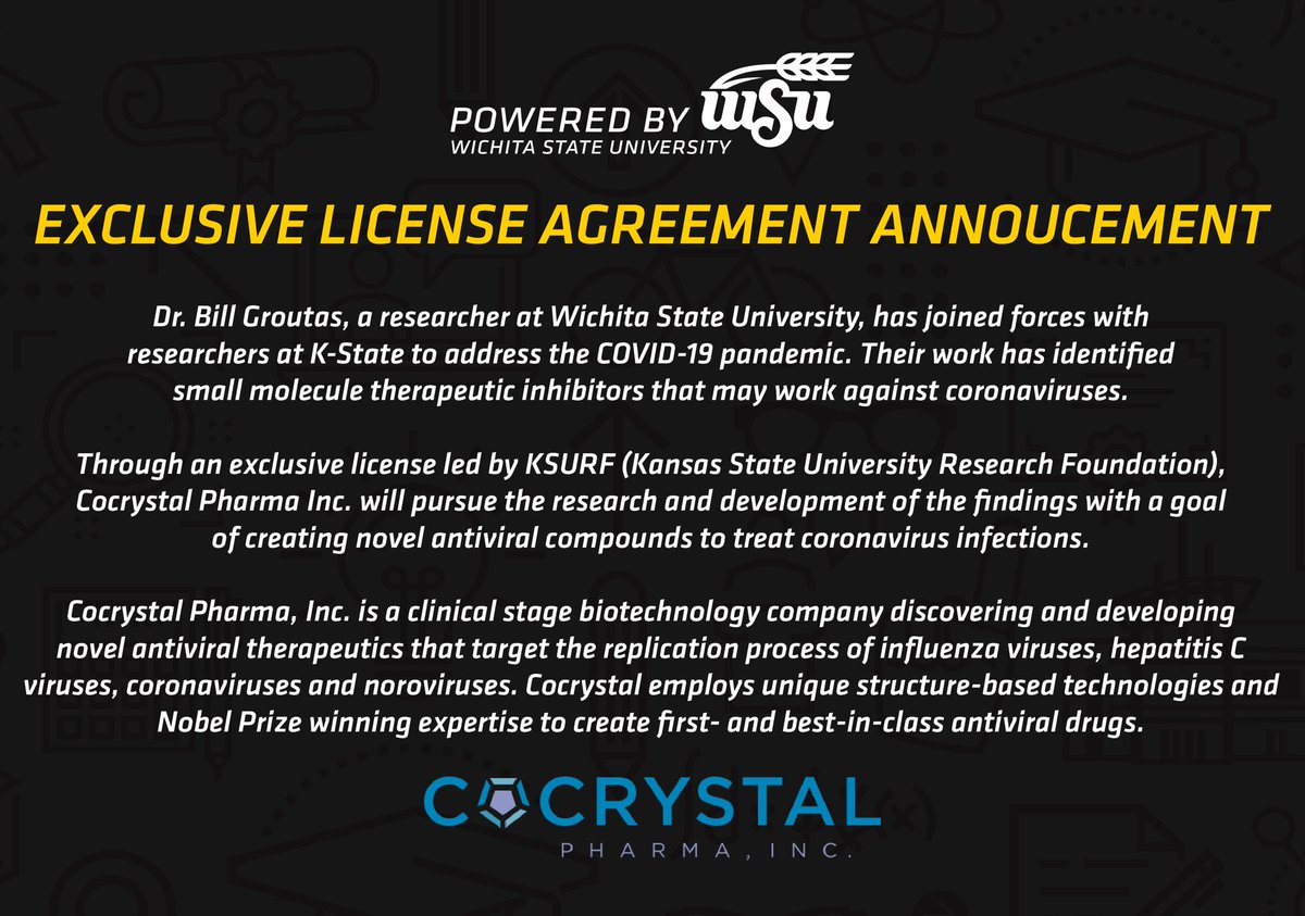 WichitaState_T2's tweet photo. 👏 👏 👏 proud of @WichitaState researcher Dr. Groutas for the work he is doing to address the coronavirus pandemic. Thanks to @KStateIC_KSURF for their leadership in executing this licensing agreement with @CocrystalPharma.
#WSUnow https://t.co/sOT7YIhEE9