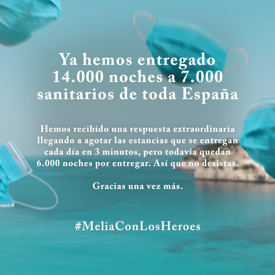 Los esfuerzos de nuestros profesionales sanitarios son interminables. En Meliá queremos agradecer su compromiso y por eso ya hemos entregado 14.000 noches a 7.000 sanitarios en toda #España. Quedan 6.000 noches por entregar. #MeliaConLosHeroes👉melia.com/es/nochesporvu…