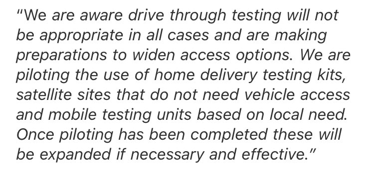On testing for people who can’t drive, the DHSC say home and mobile testing will only be brought in “if necessary and effective”.