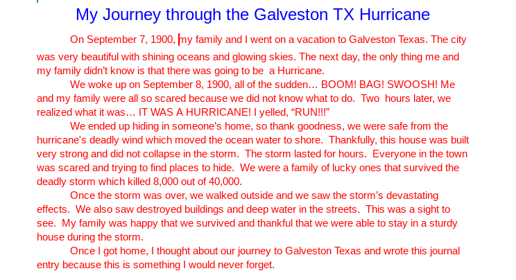 kel_clark2001's tweet photo. Thank you for sharing your narrative, Jenna! She read a story over the Galveston Hurricane, and then she wrote a narrative through the eyes of someone that was there.  Great job! #telegraphisawesome https://t.co/y1332mA3DD