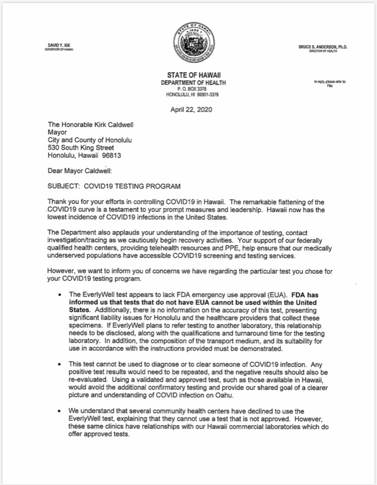  @MayorKirkHNL received this letter this morning from  @HIgov_Health Director Bruce Anderson about his decision to purchase $2 million of tests from Everlywell, a private medical testing company. But there have been some challenges to Anderson's claims.