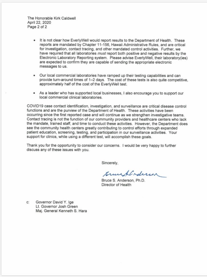  @MayorKirkHNL received this letter this morning from  @HIgov_Health Director Bruce Anderson about his decision to purchase $2 million of tests from Everlywell, a private medical testing company. But there have been some challenges to Anderson's claims.
