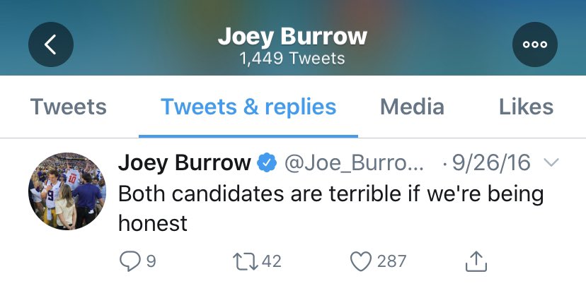 In 2016, Joe Burrow tweeted that Donald Trump and Hillary Clinton were both “terrible” candidates “if we’re being honest.”