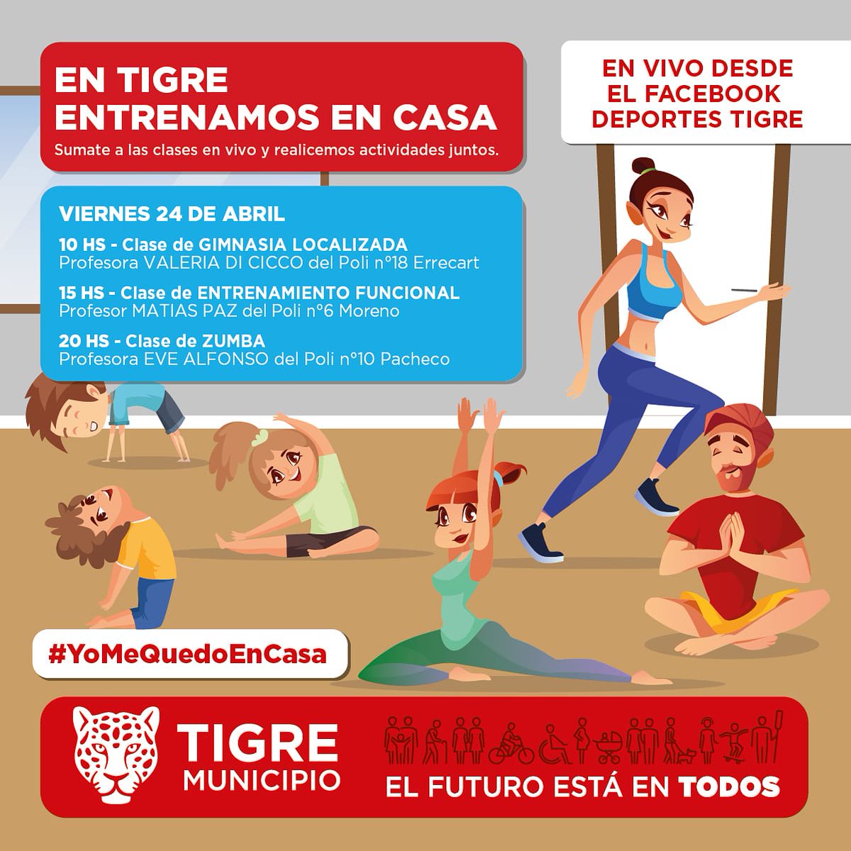 EN TIGRE ENTRENAMOS EN CASA
No te quedes sin tomar las clases en vivo dictadas por los profesores de todos los Polideportivos
Vamos a cuidarnos entre todos quedándonos en casa y continuando con los entrenamientos
#QuedateEnCasa 
#ElFuturoEstáEnTodos 
<a href="/MunicipioTigre/">Municipio de Tigre</a> <a href="/ZamoraJulio/">Julio Zamora</a>