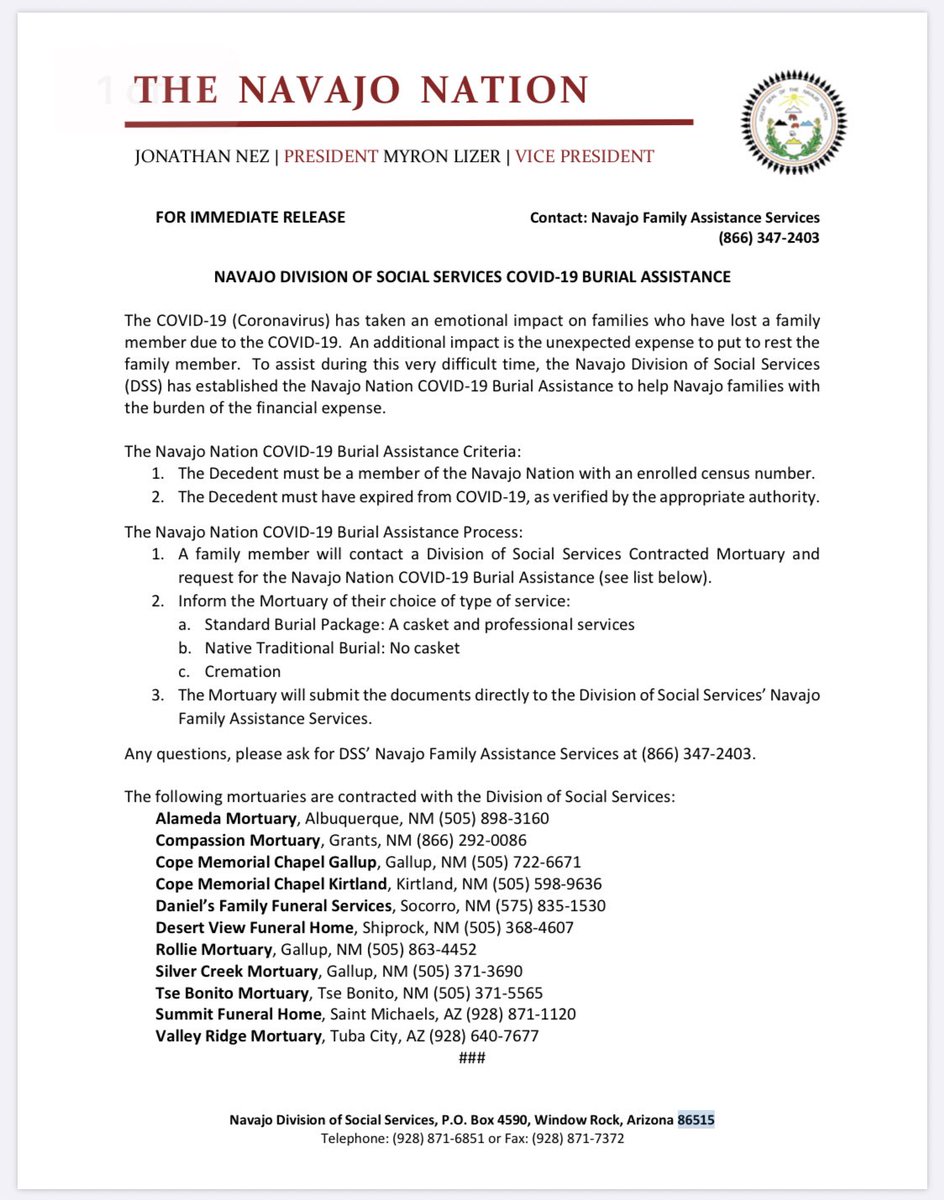 Burial Assistance. The Navajo Division of Social Services has established the Navajo Nation  #COVID19 Burial Assistance to help Navajo families with the burden of the financial expense for loved ones who have lost the battle to  #coronavirus.