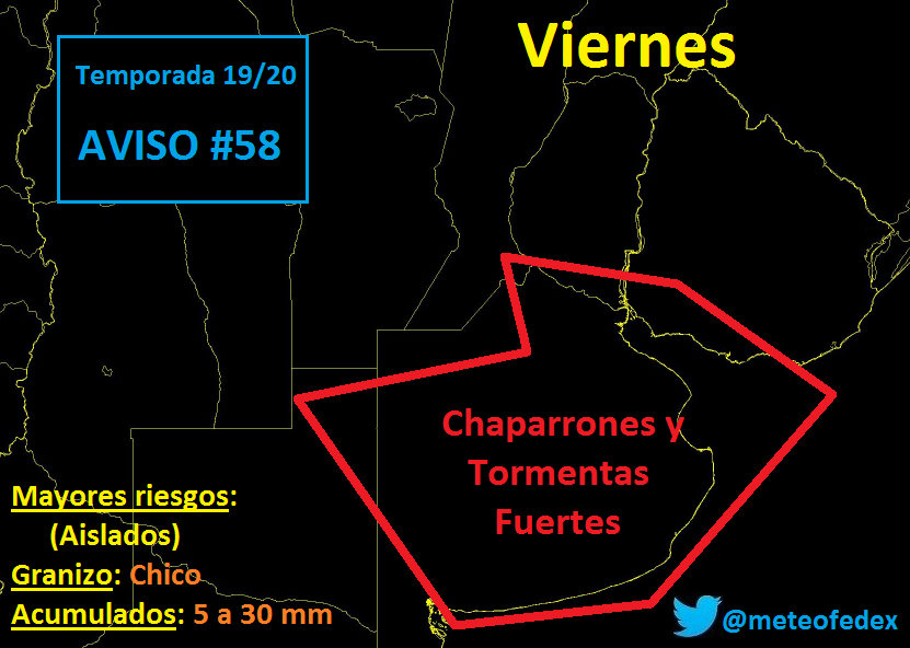 MeteoFedex's tweet photo. #Tormenta VIERNES | Desde la madrugada habrá actividad sobre el centro/sur de Baires, mejorando en la tarde. Sobre CABA y alrededores hay chances en la segunda parte del día. 

No se observa ninguna irrupción de aire frió aceptable, por lo cual la temporada seguirá activa. https://t.co/PoYdFwh3wT
