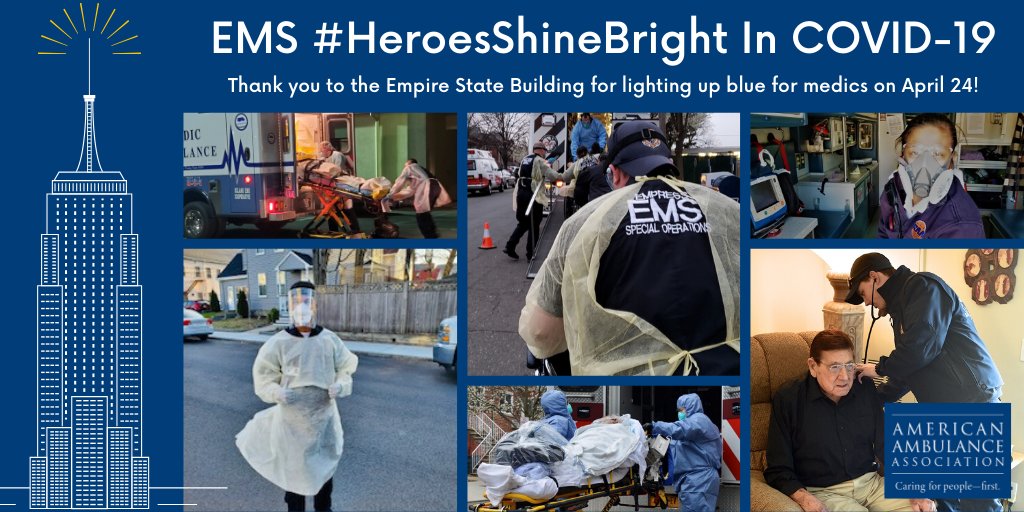 In the #COVID19 pandemic &amp;and beyond, #EMS #HeroesShineBright as they provide 24/7 on-demand #mobilehealthcare. Thanks to <a href="/EmpireStateBldg/">Empire State Building</a> for lighting up blue tomorrow (4/24) to honor medics and firefighters. #AlwaysOpen #SupportEMS #NotJustaRide <a href="/NYCEMSwatch/">NYC EMS Watch</a> #StayHomeForUs
