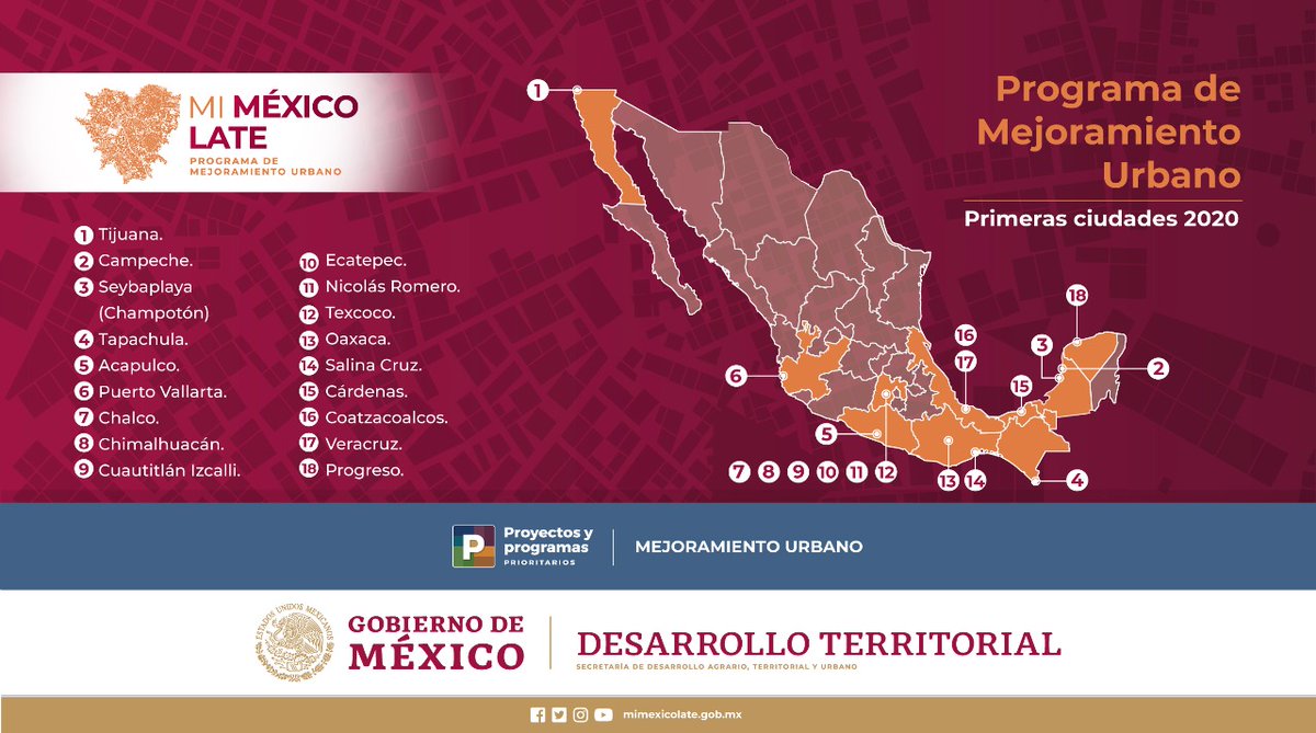 MeyerFalcon's tweet photo. Éstas son las primeras 18 ciudades en las que invertiremos este año a través del Programa de Mejoramiento Urbano. 

En pocos días, abriremos el proceso de licitación para las obras públicas de calidad que llevaremos a las comunidades https://t.co/PLAJZ0wIRv
#MiMéxicoLate❤️ https://t.co/EBsXhkRHD2