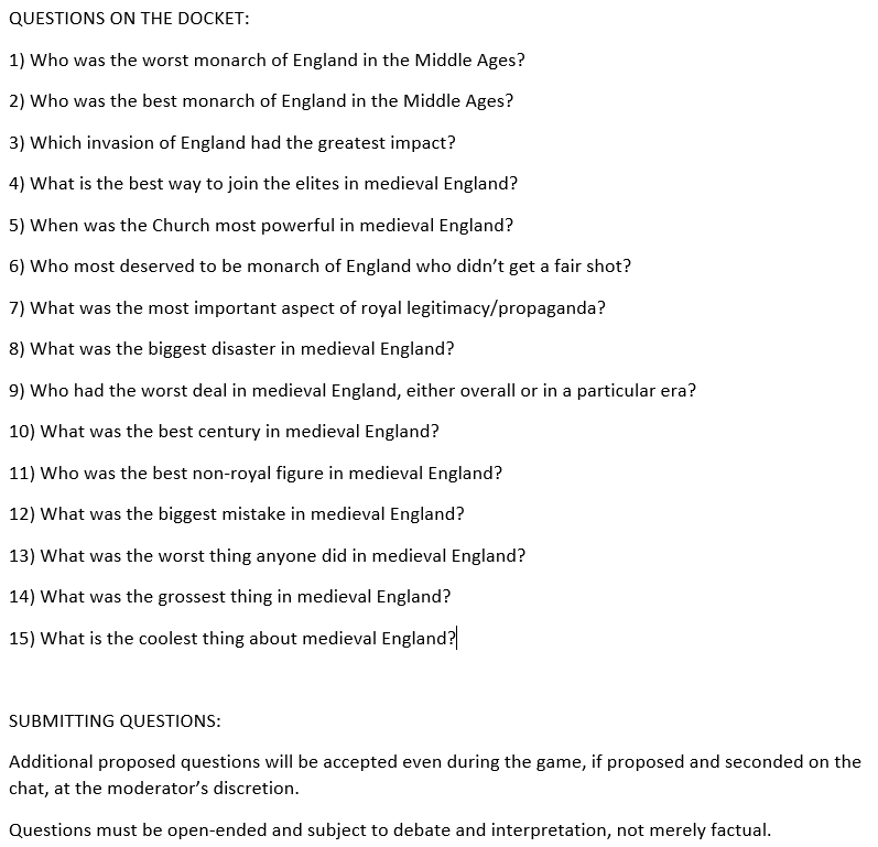medievalhistory's tweet photo. So here are the rules and starting questions for the Final Game in my medieval England class (replacing our final exam): https://t.co/4bZJCDMHvg