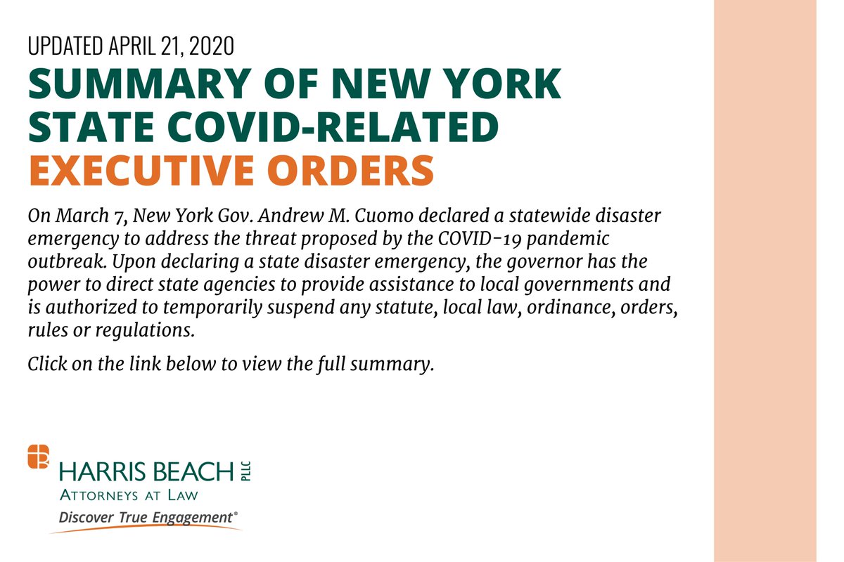Since the start of the pandemic, <a href="/NYGovCuomo/">Archive: Governor Andrew Cuomo</a> has issued a succession of executive orders guiding the state's response. Our attorneys have prepared a helpful timeline summary of the orders here:  harrisbeach.com/wp-content/upl…
