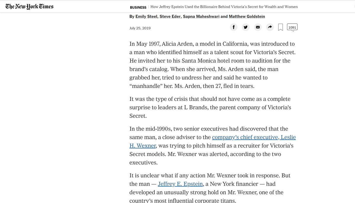 Who was reported by the New York Times as a self-identified talent scout for Victoria's Secret/PINK in 1997?None other than fellow billionaire *Jeffrey Epstein*, according to this July 25, 2019 New York Times report (16 days before Epstein committed "suicide"):