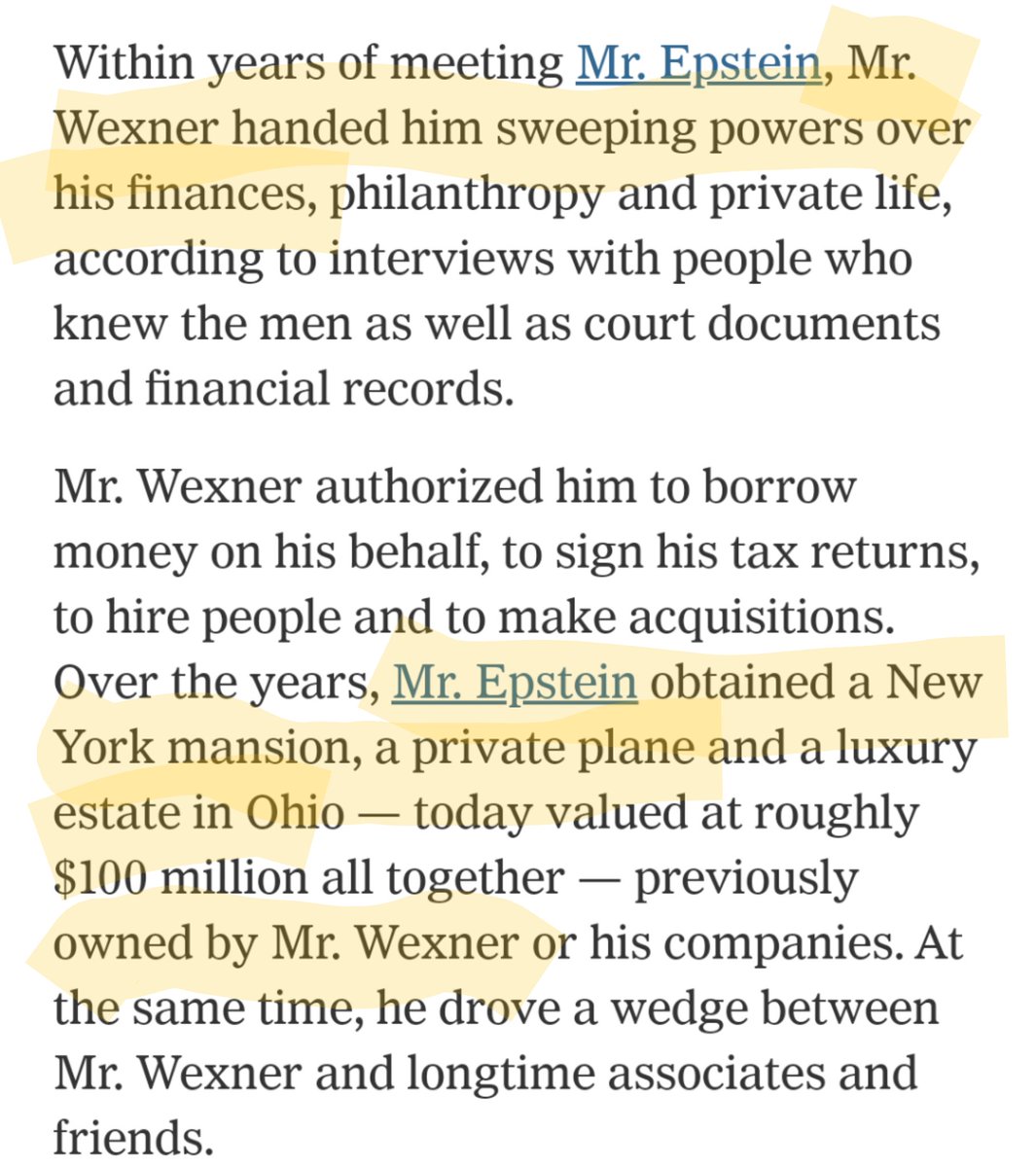 The NY Times article on Epstein's relationship w/Wexner continues w/these statements.It also goes on stating that the period which Epstein managed Wexner's money was the period Epstein "became extraordinarily rich".( @ExtraHighMarx originally brought this article to my attn).