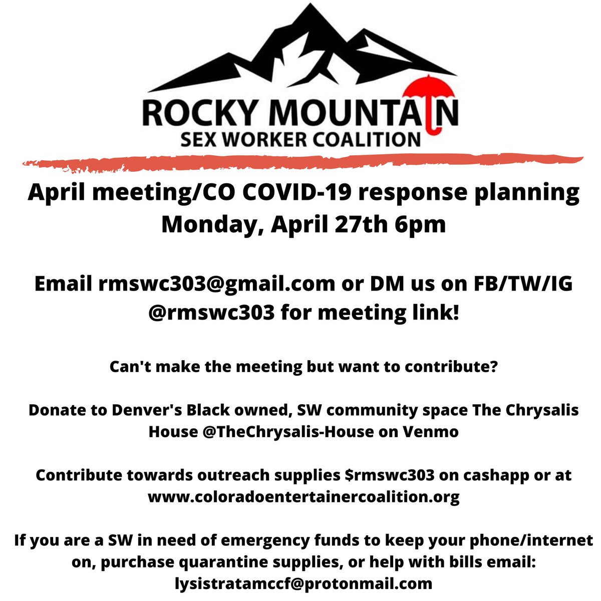 We’re going to be talking fundraising, revamping outreach, and building longer term relationships with our street based community! 

#mutualaid2020 #covid19colorado #sexworkersunite #supportyourlocalsexworkers