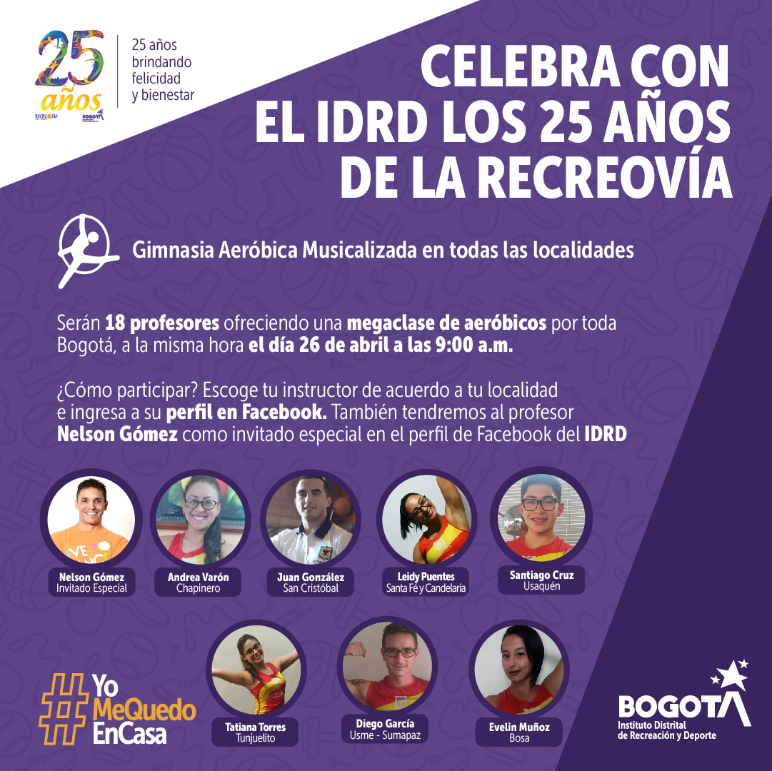 IDRD's tweet photo. Celebra este domingo 26 de abril los 25 años de la Recreovía 🤩💪🤸‍♀️ 18 profesores representarán las localidades de la ciudad y junto a un invitado de México, realizarán una mega clase de aeróbicos de manera simultánea 🎶💃🕺 Anímate y sube tu foto participando. #FelizDíaRecreovía https://t.co/tbooOmRm5O