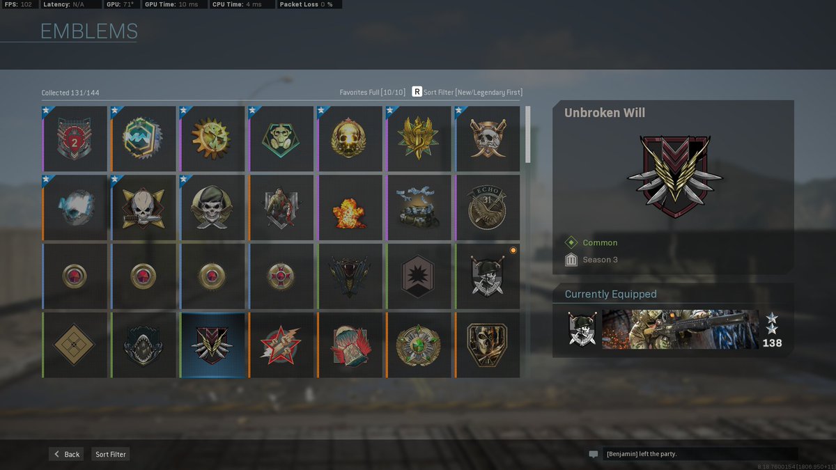 HdPhantomj's tweet photo. @JoeCecot Have emblems have been added for performing certain actions, i've recently received emblems such as the Unbroken Will and the one I have equipped and I can't tell how I wen't about it? If so, is there a plan to add a emblem page similar to mw2? #ModernWarfare https://t.co/gJTAr7DThj