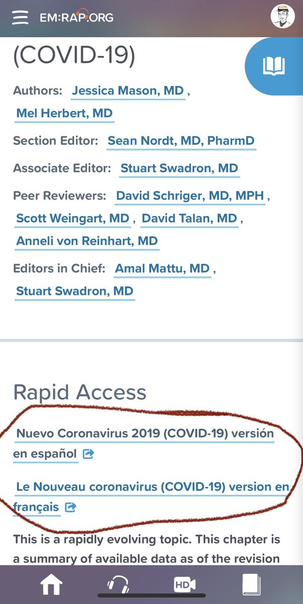 MelHerbert's tweet photo. CorePendium’s Covid-19 chapter now has French and Spanish translation. Japanese and Arabic next. Thanks to all the docs working around the world to get this information out. Free open access. https://t.co/iCuhWGrLmK https://t.co/Fc6PWI9G9C