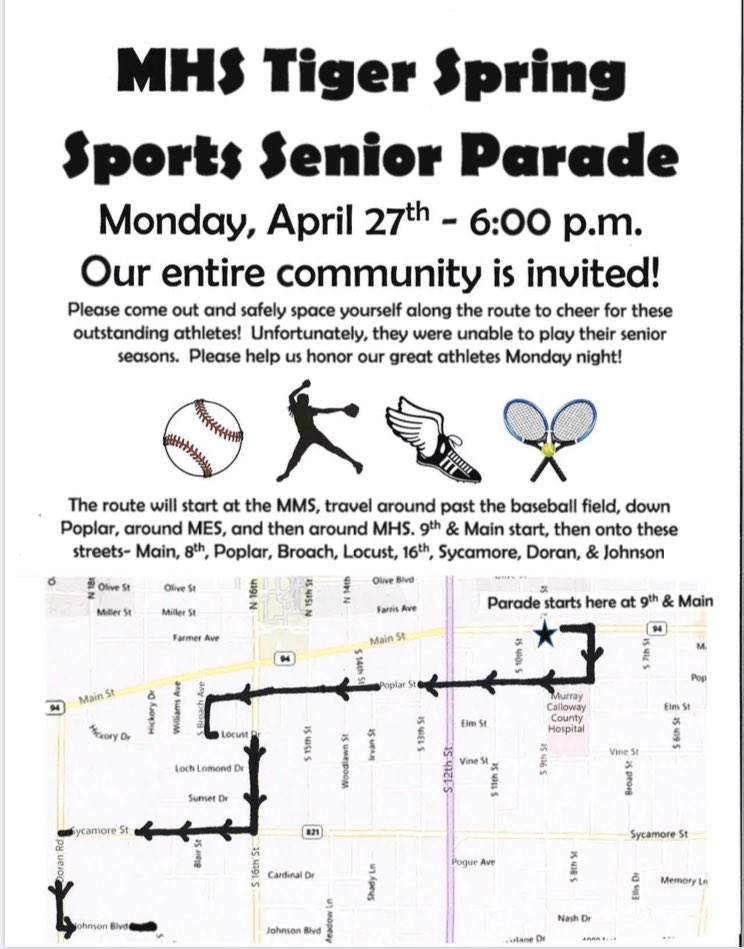 MurrayTigers's tweet photo. ATTENTION MHS SENIOR SPRING ATHLETES, FAMILY, FACULTY/STAFF, FRIENDS, MHS, MMS, MES ATHLETES AND STUDENTS-A PARADE TO CELEBRATE YOUR HARD WORK! @MurraySchools #murrayschools @MHSDAWG_POUND @MurrayTigersTF @MHSTigersBasebl @MurraySoftball @MurrayHSTennis @AthleticsMMS @MLT_Sports https://t.co/yQczI66yTa