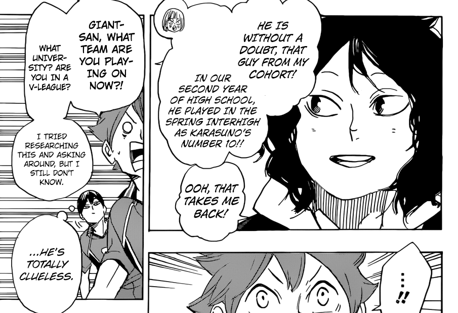 if you ask me, this desire to tear apart their characters is why furudate had hinata meet a character like hoshiumi, who already /is/ everything hinata is so urgently striving towards, or why furudate had him find out that his former idol, tenma, moved on from the sport entirely.