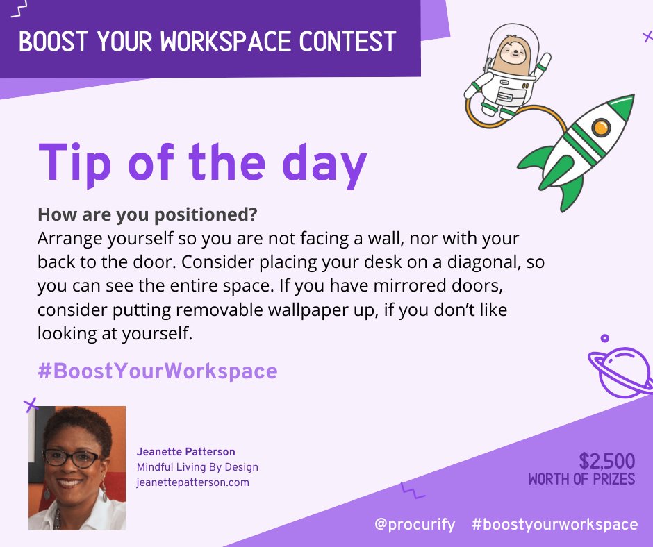 Procurify's tweet image. Here&apos;s another #BoostYourWorkspace tip of the day from our featured sponsor, Jeanette Patterson of Mindful Living by Design 😄 Discover how to win a #homeoffice makeover: bit.ly/3cwAxba #remotework