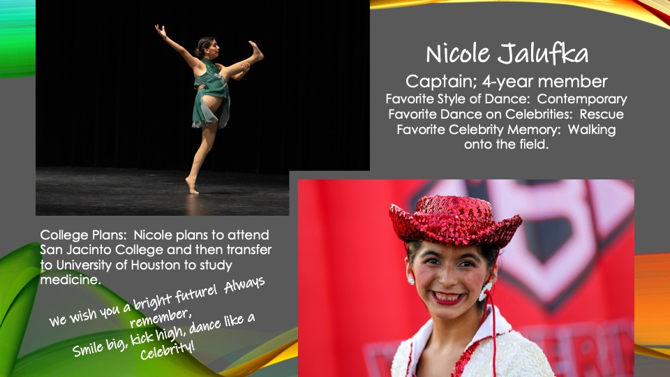 Today, the Celebrities would like to recognize our Senior Captain, Nicole Jalufka.  We are proud of your accomplishments and wish you a bright future!  Thank you for your dedication and leadership to this team!