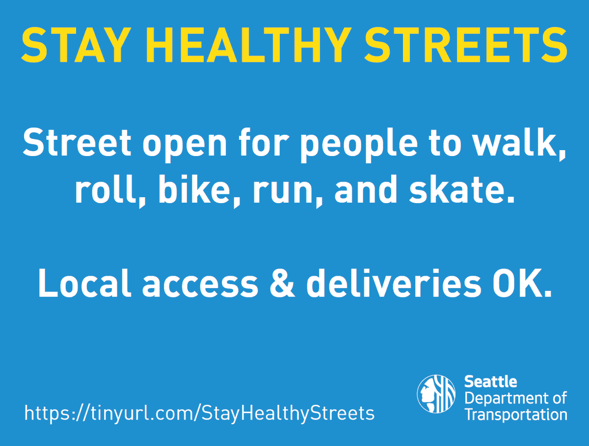 GordonOfSeattle's tweet photo. The big news today is of course the rollout of 4 new #StayHealthyStreets for this weekend, but I'm also grateful @seattledot incorporated our feedback and is going to be rolling out signs that more explicitly invite people to use the streets for active recreation and travel: https://t.co/D3A3xXEwd9