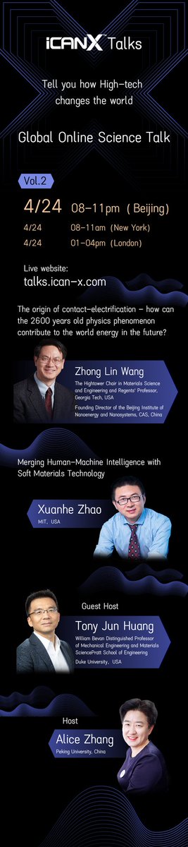 ProfZhaoMIT's tweet image. I will give a talk on &quot;Merging Human-Machine Intelligence with Soft Materials Technology&quot; on Fri, April 24 9:30AM EST at

talks.ican-x.com

I will cover #bioadhesives #bioelectronics #biorobots

The main dish is Prof. Zhonglin Wang&apos;s talk before mine at 8:00 AM EST.