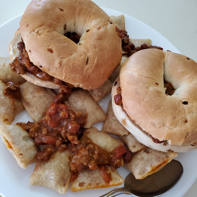 How to survive a quarantine?  Chili. In a bagel. On top of pizza rolls. Eat it with a spoon.   Yep, we're<a href="/tag/quarantinelife"class="tags"><span>#quarantinelife</span></a><a href="/tag/crazyquarantine2020"class="tags"><span>#crazyquarantine2020</span></a>