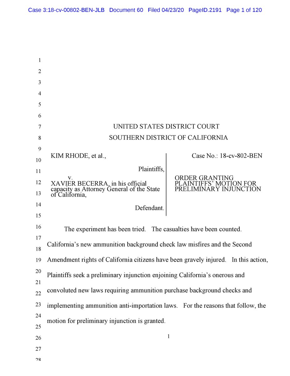 2Aupdates's tweet photo. BREAKING: Rhode v Becerra (S.D. CA): In a 120pg order, Judge Benitez grants preliminary injunction against California's ammo background check law.

"That a majority today may wish it were otherwise, does not change the Constitutional right. It never has."
https://t.co/E4IqmMnaSQ https://t.co/PJJRjKvkDv