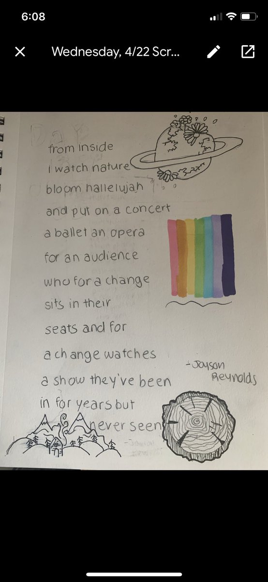 yaontheshelf's tweet photo. Asked my @bps_ri kiddos to respond visually to poem 13 from @JasonReynolds83 blog. Continuously blown away by their responses, particularly the Rashad connection made by one gal below #distancelearning #poetry #middleschool https://t.co/uWP5kmp5Hx