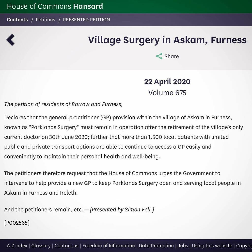 simonfell's tweet photo. Yesterday I submitted a petition to the House of Commons on behalf of the 500+ people of #Askam &amp; #Ireleth who want to retain a GP service. Now, more than ever, local healthcare matters. https://t.co/6YZZMY6ivv https://t.co/m5GPDI1GBg
