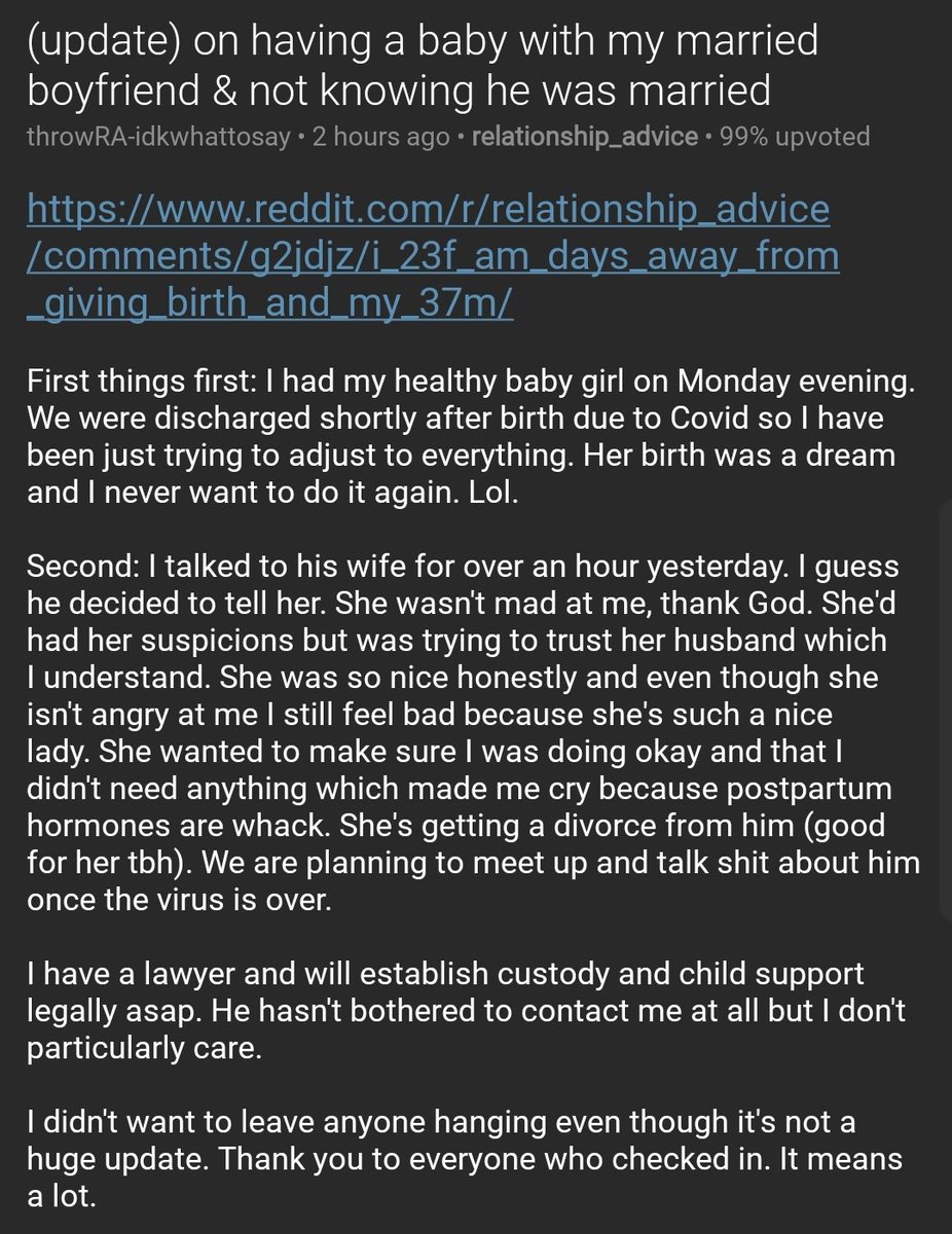 (update) on having a baby with my married boyfriend & not knowing he was married  https://www.reddit.com/r/relationship_advice/comments/g6tgz5